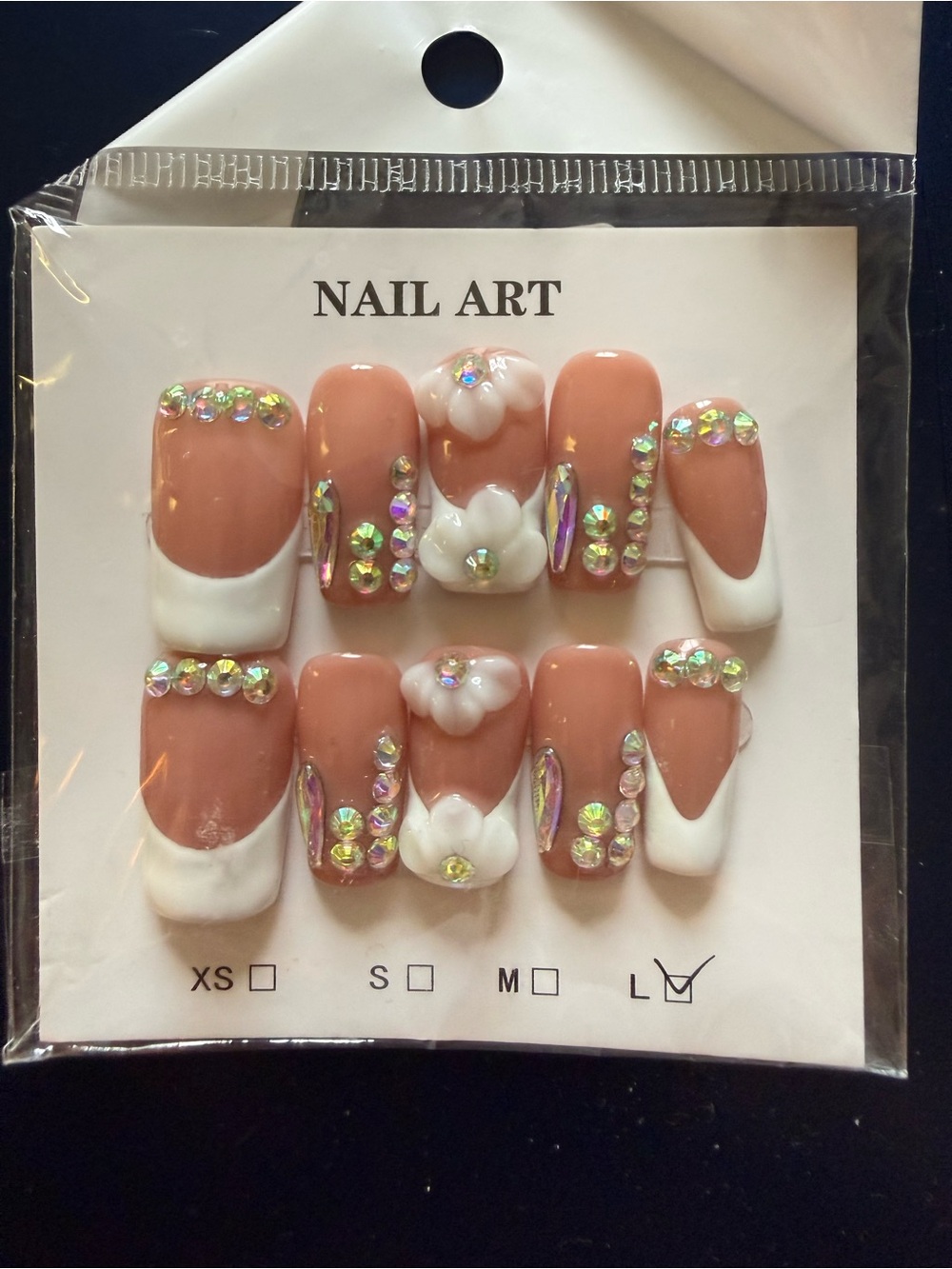 Hand Painted acrylicNude Pink French Tip Press-On Nails with Rhinestones and 3D